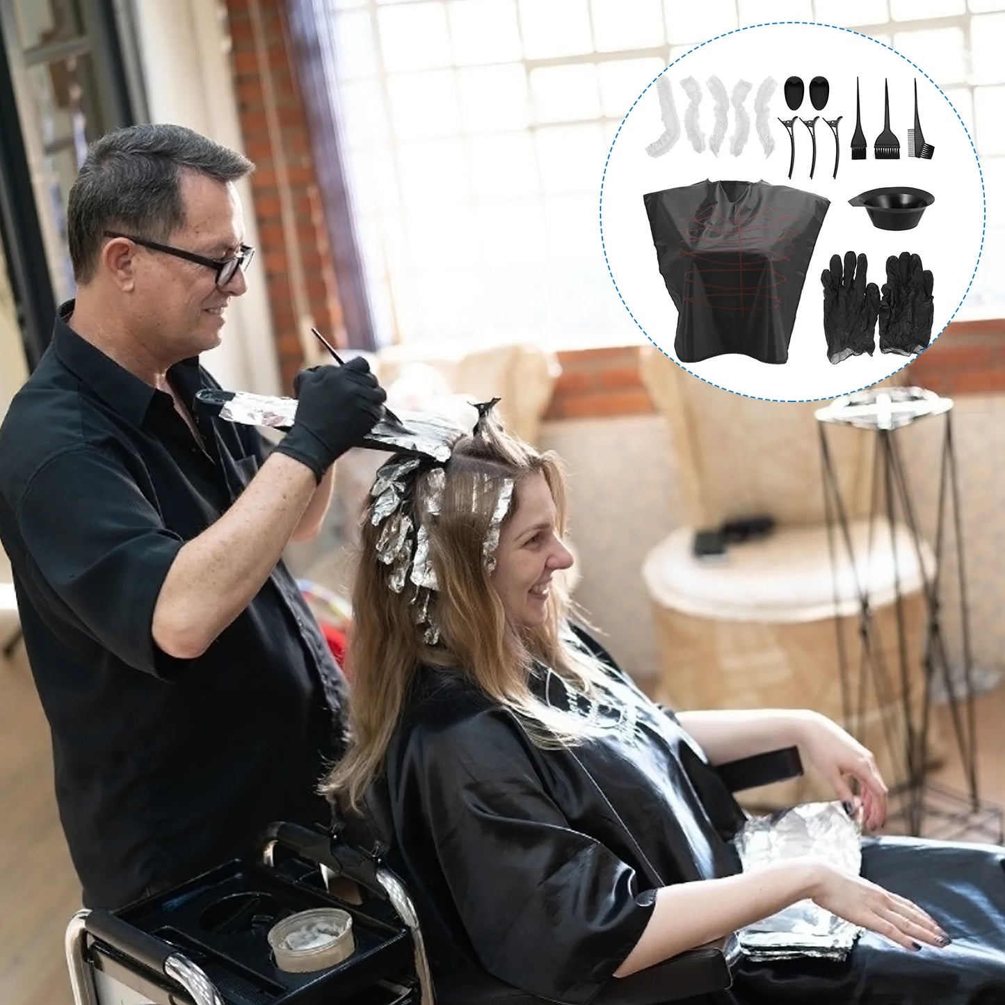 Professional Hair Coloring Kit Includes— 1 Set Plastic Tint Brush, Mixing Bowl, Comb, Cape, Gloves & Clips for Hair Dye & Highlighting