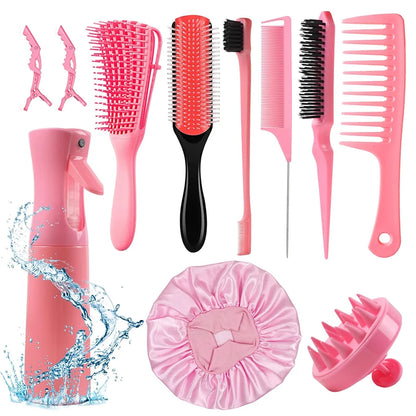 11 pcs Detangling Brush Set for Curly Hair with Spray Bottle + Scalp Massage Brush – Professional Anti-Frizz Styling Kit