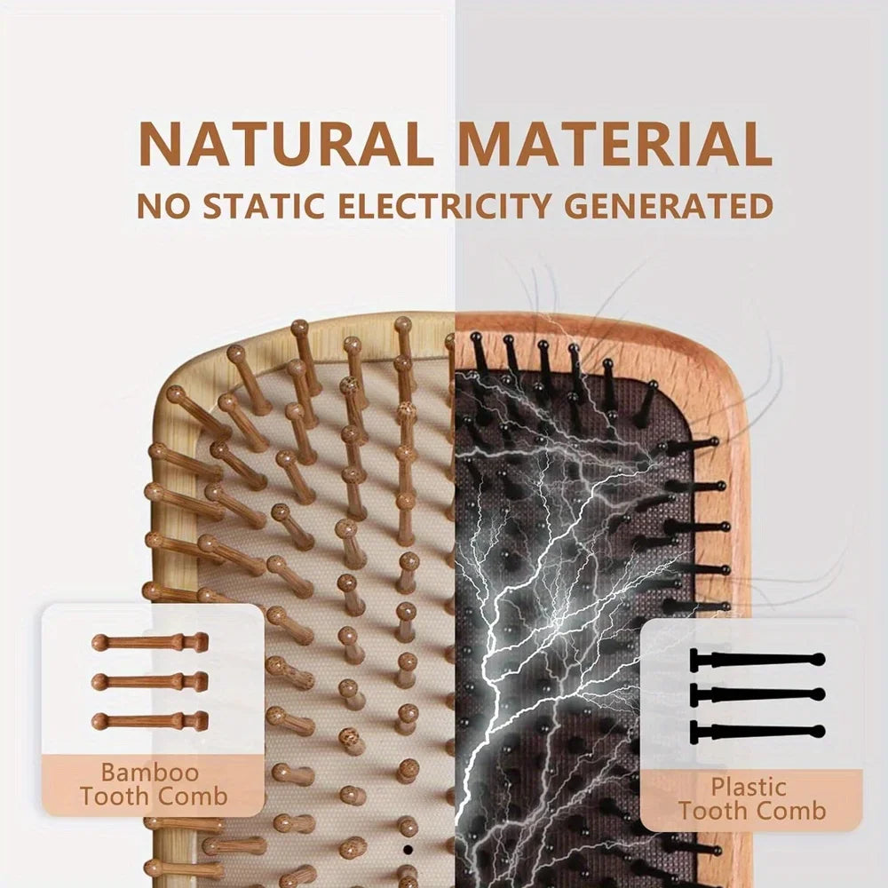 Natural Bamboo Paddle Hair Brush — Air-Cushion Scalp-Massage, Anti-Static Detangling Comb (Unisex / Salon)