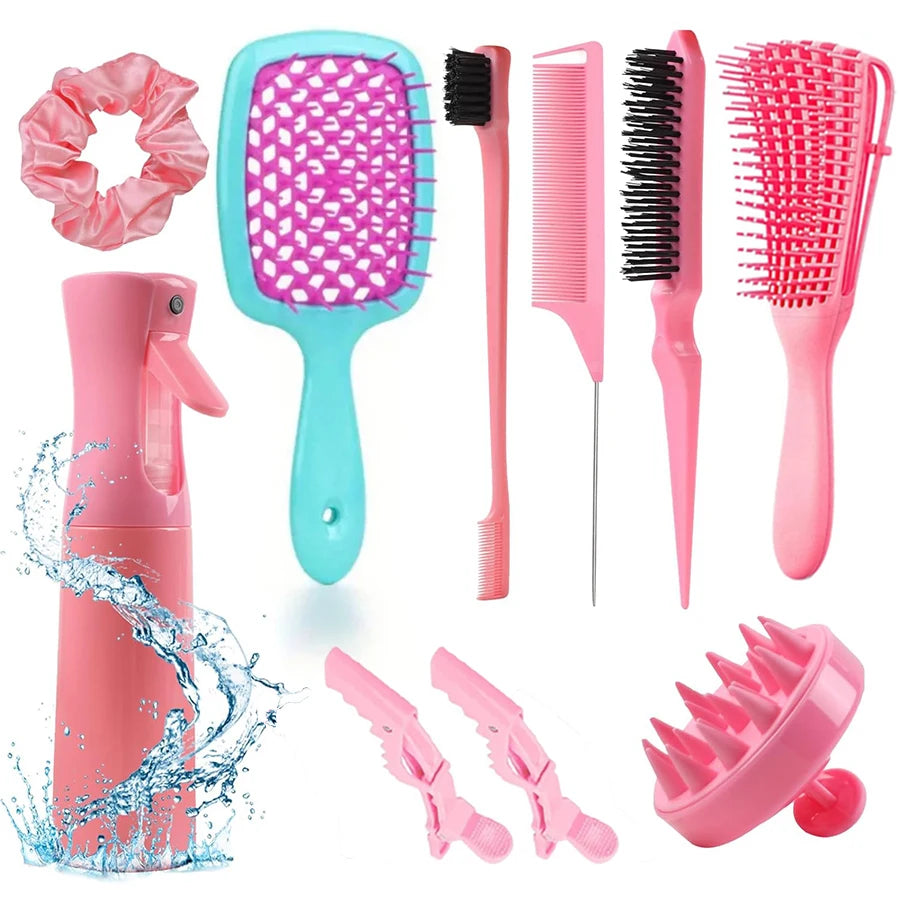 11 pcs Detangling Brush Set for Curly Hair with Spray Bottle + Scalp Massage Brush – Professional Anti-Frizz Styling Kit