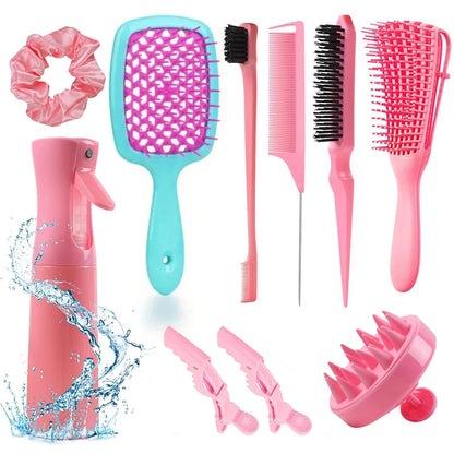 11 pcs Detangling Brush Set for Curly Hair with Spray Bottle + Scalp Massage Brush – Professional Anti-Frizz Styling Kit