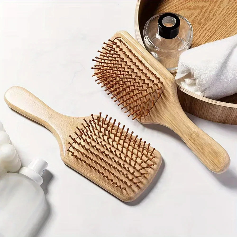 Natural Bamboo Paddle Hair Brush — Air-Cushion Scalp-Massage, Anti-Static Detangling Comb (Unisex / Salon)