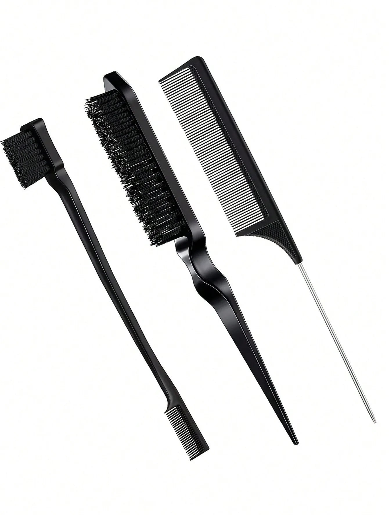 3pcs Professional Styling Comb Set – Triple Teaser Brush, Rat Tail Comb & Edge Brush for Salon or Wig Styling