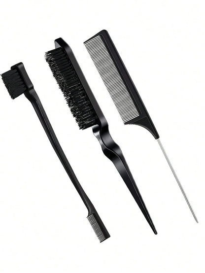 3pcs Professional Styling Comb Set – Triple Teaser Brush, Rat Tail Comb & Edge Brush for Salon or Wig Styling