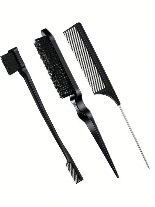 3pcs Professional Styling Comb Set – Triple Teaser Brush, Rat Tail Comb & Edge Brush for Salon or Wig Styling