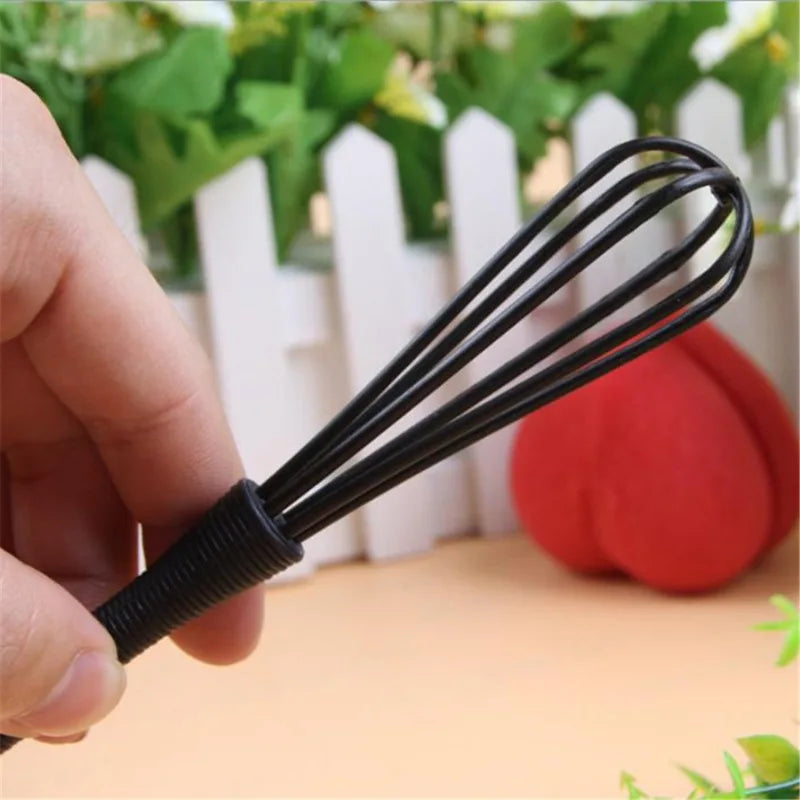 Hand holding a black whisk against a blurred outdoor background