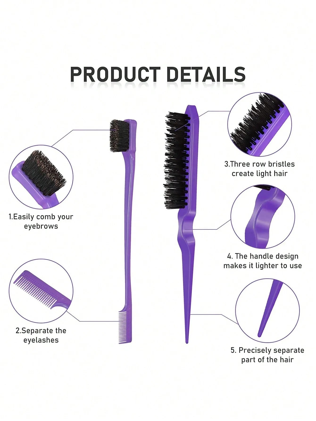 3pcs Professional Styling Comb Set – Triple Teaser Brush, Rat Tail Comb & Edge Brush for Salon or Wig Styling