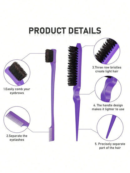 3pcs Professional Styling Comb Set – Triple Teaser Brush, Rat Tail Comb & Edge Brush for Salon or Wig Styling