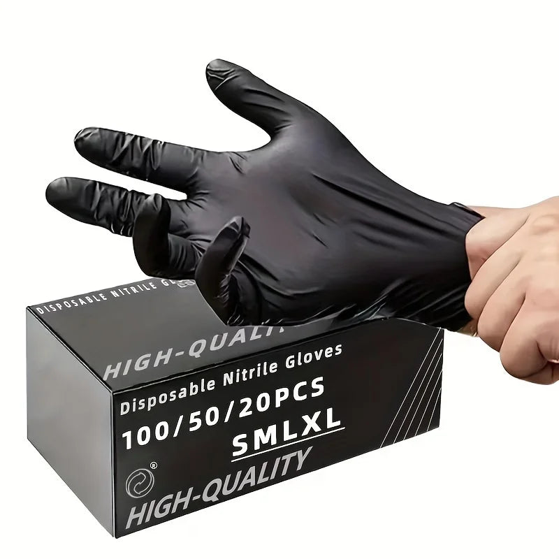 Black Nitrile Disposable Gloves — Thickened Waterproof Gloves for Hairdressing, Cleaning, Tattoo, and Salon Use (S/M/L/XL, 20–100 PCS)