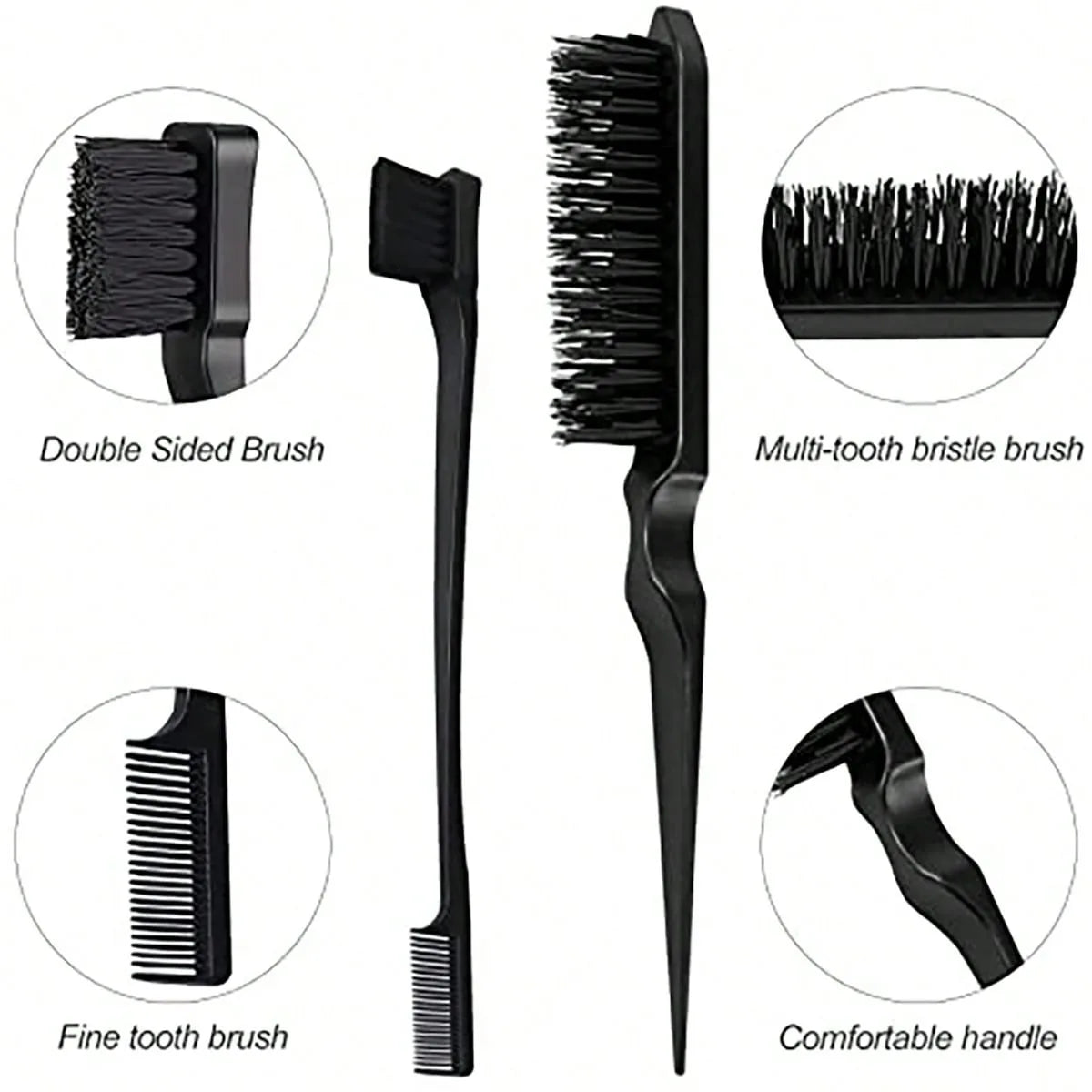 3pcs Professional Styling Comb Set – Triple Teaser Brush, Rat Tail Comb & Edge Brush for Salon or Wig Styling