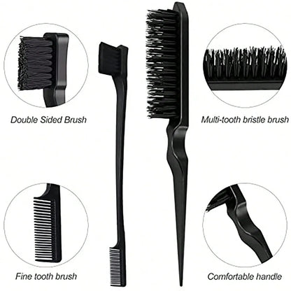 3pcs Professional Styling Comb Set – Triple Teaser Brush, Rat Tail Comb & Edge Brush for Salon or Wig Styling